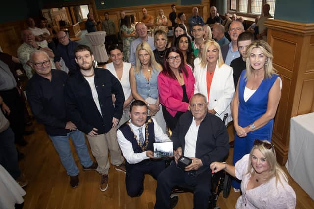 The Mayor, Ruari McHugh making a special presentation to the family of Eamonn 'Bronco' Bradley, during a reception in the Guildhall on Friday evening to mark the Eamonn 'Bronco' Bradley tournament's 40th anniversary. Included in photo is Martin McGilloway, chair and Councillor Sandra Duffy. (Photos: Jim McCafferty Photography)