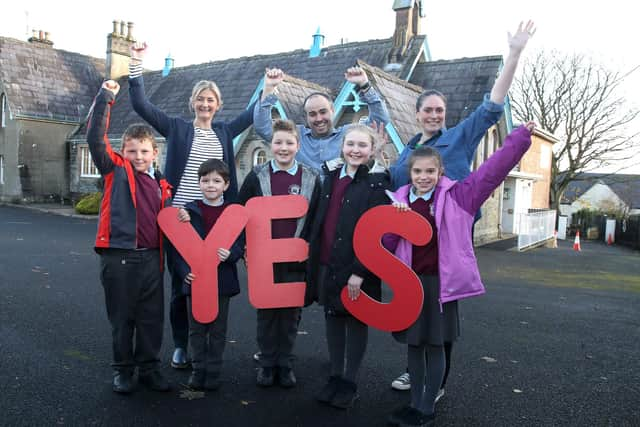 Pupils and staff at Culmore Primary School celebrating their successful parental ballot to transform to Integrated status. Photograph by Declan Roughan,