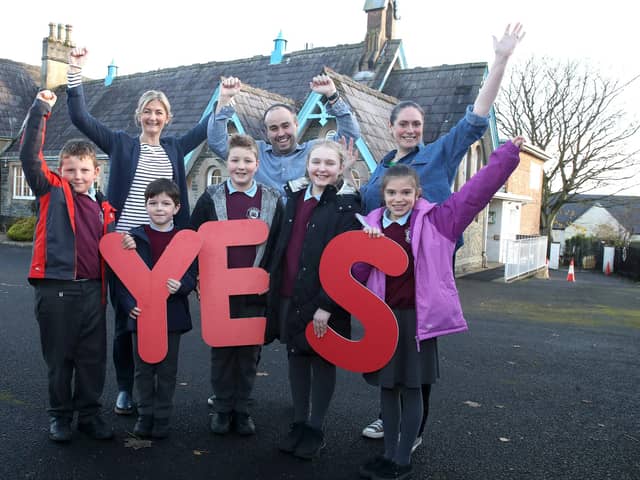 Pupils and staff at Culmore Primary School celebrating their successful parental ballot to transform to Integrated status. Photograph by Declan Roughan,