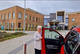 Mona Rice, Volunteer Car Driver leaving a passenger to hospital for an appointment.