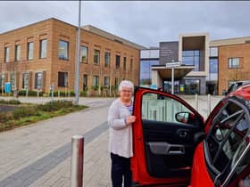 Mona Rice, Volunteer Car Driver leaving a passenger to hospital for an appointment.