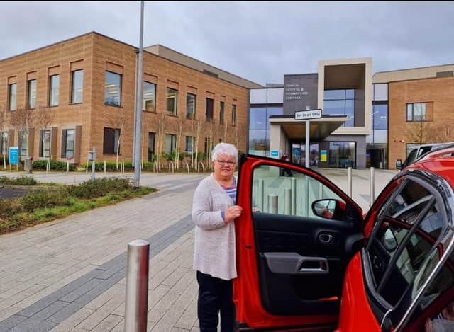 Mona Rice, Volunteer Car Driver leaving a passenger to hospital for an appointment.