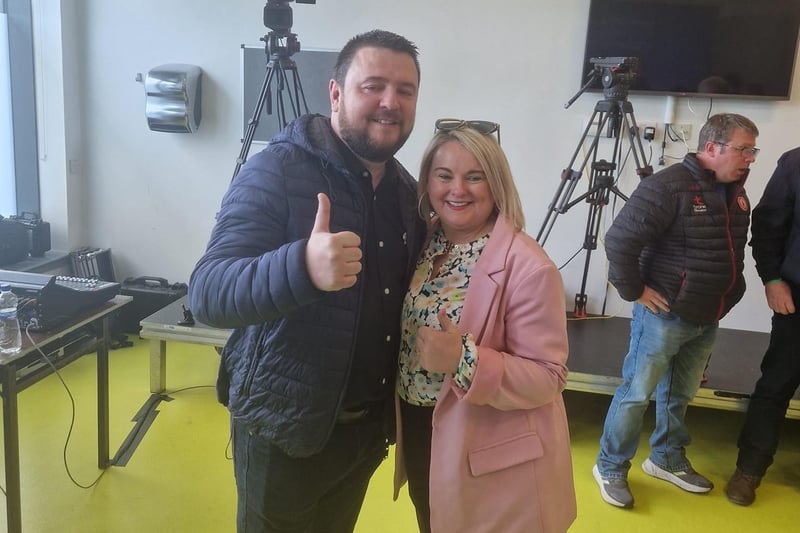 Sinn Féin's Ruarí MCHugh elected on the first count pictured with Mayor of Derry & Strabane Sandra Duffy.