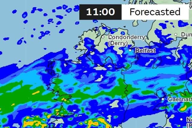A radar chart from the Met Office showing the projected track of the Atlantic weather system