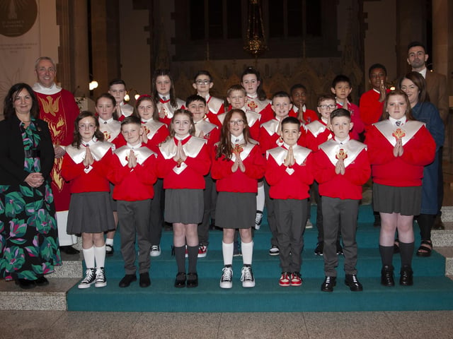 Pupils from St. Eugene’s PS who received the Sacrament of Confirmation from Fr. Paul Farren at St. Eugene’s Cathedral on Friday last. Included is Mrs. Carol Duffy, Principal , Mr. Michael Gilmore, teacher and Mrs. Tara Roddy, Classroom Assistant. (Photo: Jim McCafferty Photography)