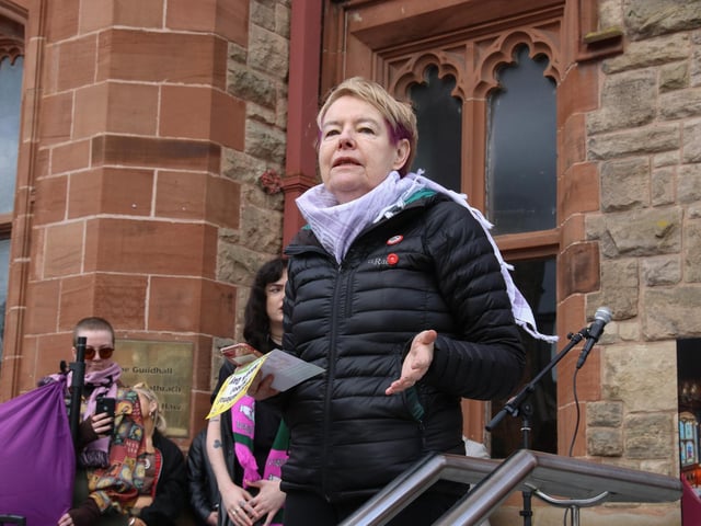Goretti Horgan, Irish socialist activist, speaking at the rally in Guildhall Square. (Photo - Deirdre Heaney, nwpresspics)