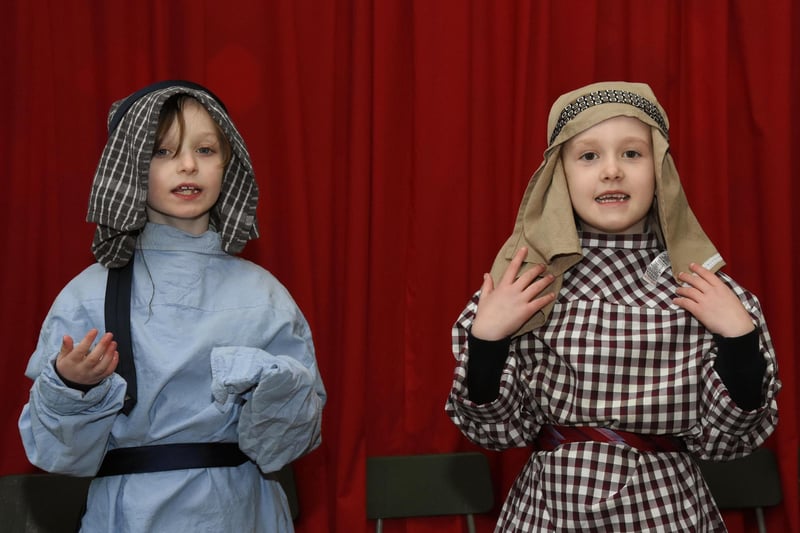 Hayley White and Ellie Frazer pictured during Monday’s Nativity at Long Tower PS.