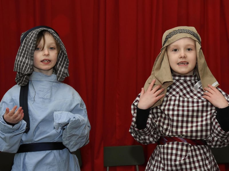 Hayley White and Ellie Frazer pictured during Monday’s Nativity at Long Tower PS.
