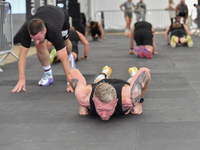 Jason Cameron midway through the burpee broadjumps station in the Ebrington Hyrox on Saturday morning. Photo: George Sweeney