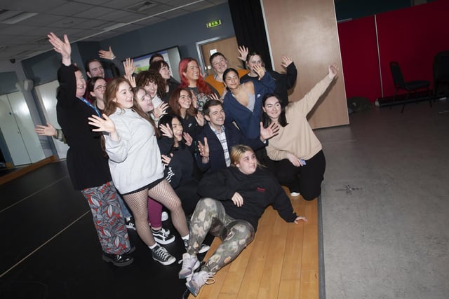 Dance students from the North West Regional College pose for a picture with Damian McGinty on Tuesday.