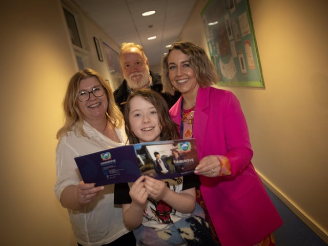 Mrs. Kellie-Marie Martin (right), Vice Principal pictured with prospective pupil Esme Leonard, Model PS and her parents on Tuesday at Oakgrove Integrated College. (Photos: Jim McCafferty Photography)