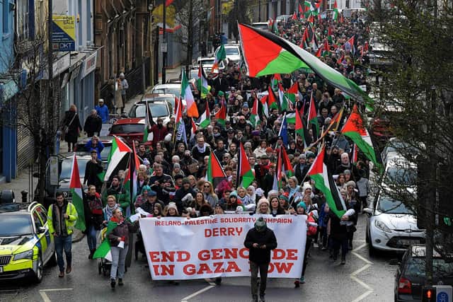 Thousands of protesters at a previous march and rally, in Derry, calling for a ceasefire in Gaza. Photo: George Sweeney