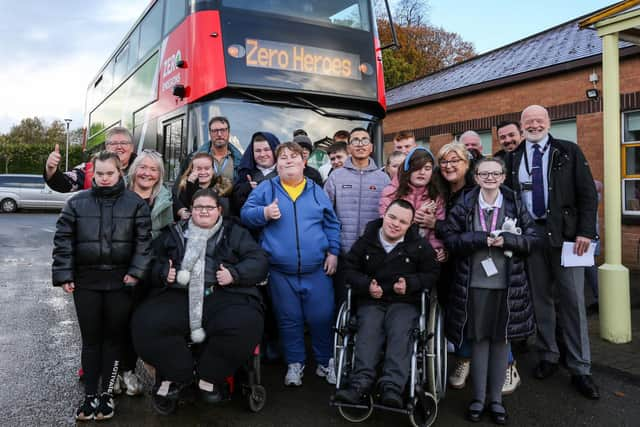 Pupils from Ardnashee School take part in Translink's Zero Heroes Roadshow, Derry.