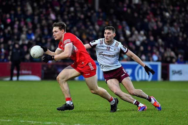 Derry’s Ethan Doherty gets away from Galway’s Matthew Tierney during Saturday’s game in Celtic Park. Photo:  George Sweeney