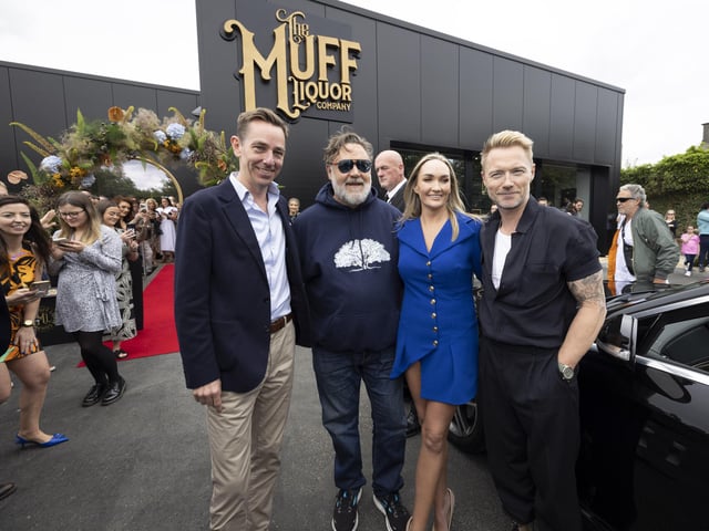 Muff Liquor company founder and CEO, Laura Bonner, with Russel Crowe, Ronan Keating and Ryan Tubridy who are attending the opening of new €1 million Brand Home for The Muff Liquor Company in the village of Muff in Co. Donegal. Company confirms first order of 30,000 bottles for the US market. Photo by Joe Dunne "Free Reproduction"