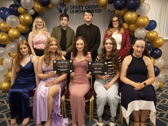 Derry Credit Union's Young People's Awards 2025 nominees St. John Cadets and Millie Sandy being presented with their certificates by Ellen Bradley, Youth Committee, on Monday night.