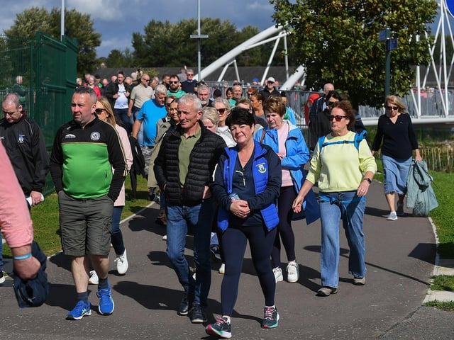 Participants who took part in Sunday’s Chieftain’s Walk from Bay Road to Foyle Road. Photo: George Sweeney