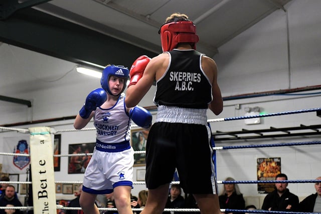 Alfie Duddy, Star of the Sea, left, boxing Skerries’ Sean Hughes.  Photo: George Sweeney