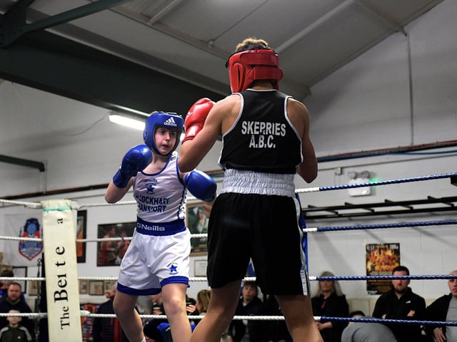 Alfie Duddy, Star of the Sea, left, boxing Skerries’ Sean Hughes. Photo: George Sweeney