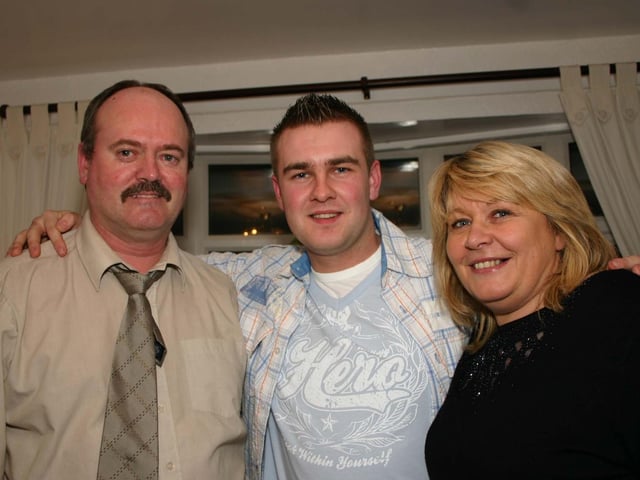 Dermott O Donnell on his 21st Birthday with proud parents Hugh and Angela. 3562/dd : Parties in Derry in Spring 2006.