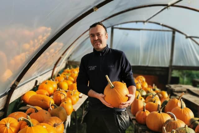 Noel Doherty, pictured with some of the pumpkins on Whiteoaks Acorn Organic Farm in Derryvane.