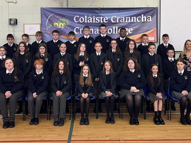 Crana College Principal Mr. Kevin Cooley, Deputy Principals Mr. Philip McGuinness and Ms. Sinead Anderson, First Year year head Ms. Sylvia McSheffrey along with tutors Mr. Toland, Mr. Meehan, Mr. McMullan and Ms. Reddin with First Year students for 2023/24.