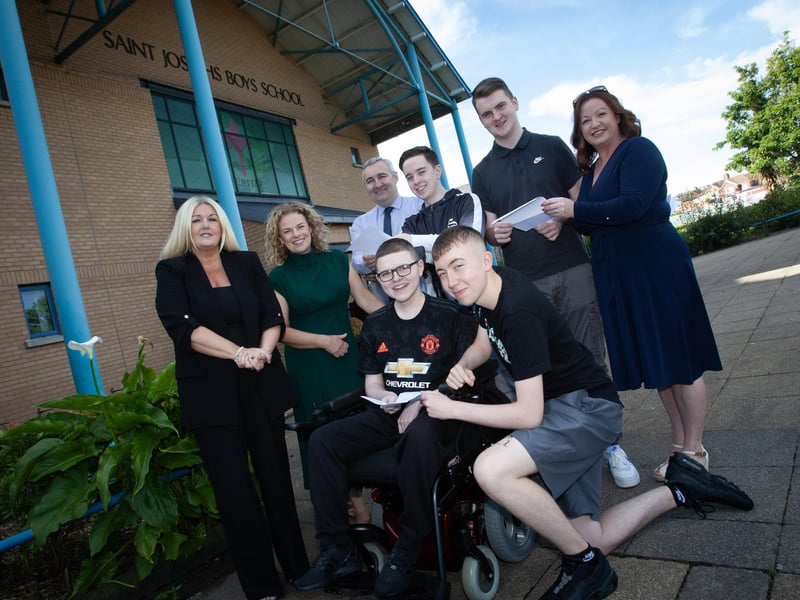 Mrs. Ciara Deane, principal, (left), St. Joseph's Boys School pictured with staff and A Level students who received their results on Thursday morning at the school. (Photos: Jim McCafferty PhotographY)