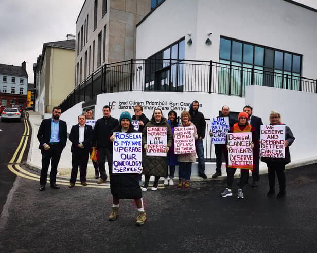 Roseena Toner, centre, with friends, family and Donegal elected representatives in Buncrana.
