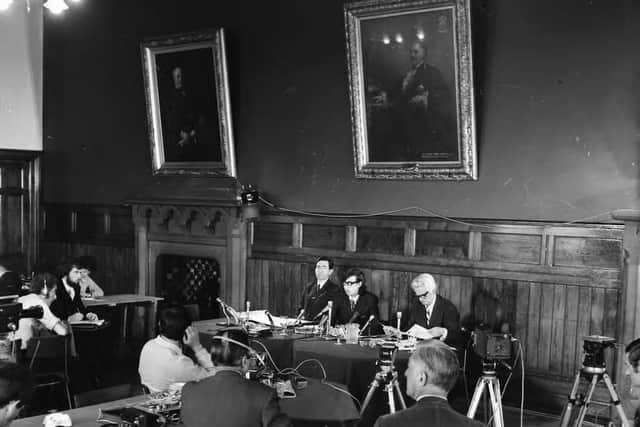Anthony Gifford, Q.C., centre, in the Guildhall for the Seamus Cusack and Desmond Beattie tribunal with Albie Sachs (left) and Paul O'Dwyer (right).