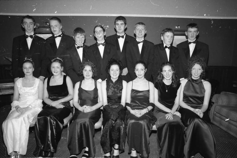 Seated, from left, Bebhlin Coady, Sinead McDaid, Orla McLaughlin, Bridgeen McLaughlin, Maureen McLaughlin, Marianne O'Connor and Celine Byrne. Standing, from left, Kenny Kelly, Brian Harris, Ronan Doherty, Colm O'Kane, Aidan Browne, Kenneth Crawley, Mark Tully and Mark Jordan. Pictured at the Carndonagh Community School formal in January 1998.
