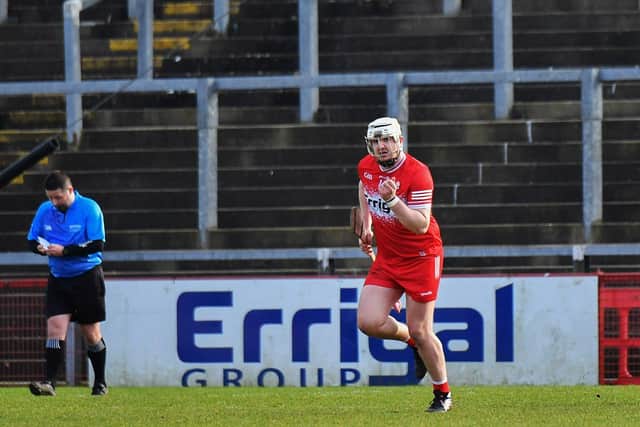 Derry’s Christy McNaughton celebrates his first half goal against Meath. Photo:  George Sweeney