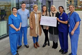 ICU staff members are pictured accepting this incredible donation from the Hegarty family. Aine Allen, Michael McGinley, Sr Stella Jojo and Ciara Legg with Daniel’s mum Michelle Hegarty and his sisters Sara-Jane and Cherish.