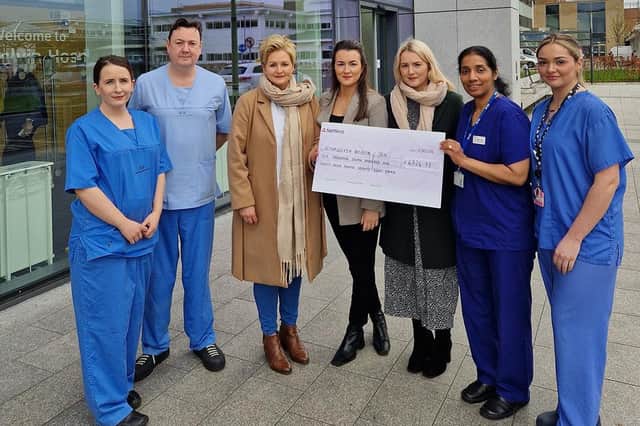 ICU staff members are pictured accepting this incredible donation from the Hegarty family. Aine Allen, Michael McGinley, Sr Stella Jojo and Ciara Legg with Daniel’s mum Michelle Hegarty and his sisters Sara-Jane and Cherish.