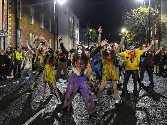 Zombie Circus performers in Derry’s city centre on Wednesday evening. Photo: George Sweeney