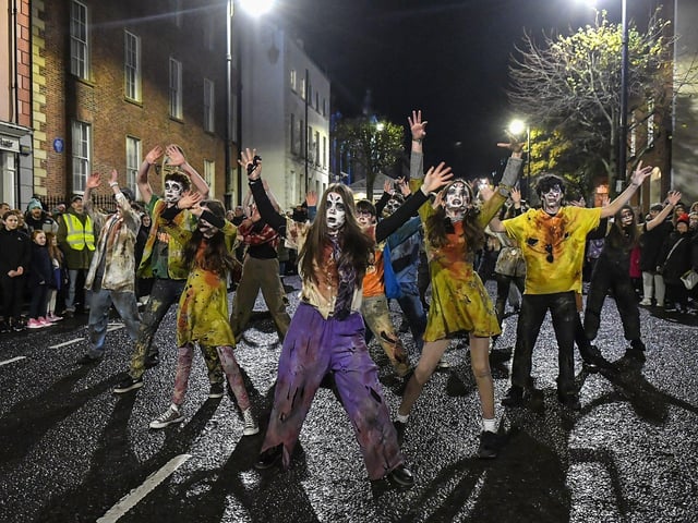 Zombie Circus performers in Derry’s city centre on Wednesday evening.  Photo: George Sweeney
