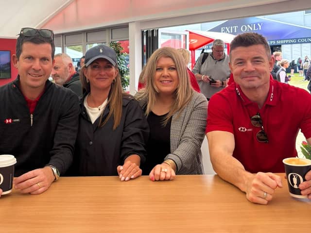 Siobhán Moran, second from right, and Gemma Cahoon, second from left, Business Development Manager at HSCB, with Tim Henman and Brian O'Driscoll in the HSCB Clubhouse at The Open in Portrush