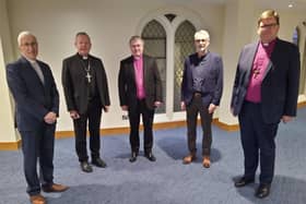 Left to right: Moderator of the Presbyterian Church in Ireland, Right Reverend Dr John Kirkpatrick, Roman Catholic Archbishop of Armagh and Primate of All Ireland, Most Reverend Eamon Martin, and the Church of Ireland Archbishop of Armagh and Primate of All Ireland, Most Reverend John McDowell with the President of the Methodist Church in Ireland, Reverend David Nixon, and the President of the Irish Council of Churches, Right Reverend Andrew Forster.
