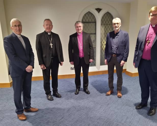 Left to right: Moderator of the Presbyterian Church in Ireland, Right Reverend Dr John Kirkpatrick, Roman Catholic Archbishop of Armagh and Primate of All Ireland, Most Reverend Eamon Martin, and the Church of Ireland Archbishop of Armagh and Primate of All Ireland, Most Reverend John McDowell with the President of the Methodist Church in Ireland, Reverend David Nixon, and the President of the Irish Council of Churches, Right Reverend Andrew Forster.