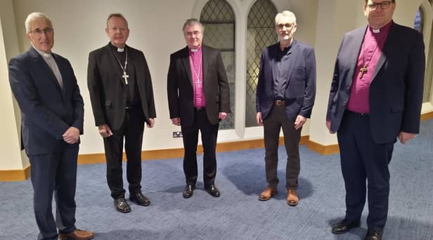 Left to right: Moderator of the Presbyterian Church in Ireland, Right Reverend Dr John Kirkpatrick, Roman Catholic Archbishop of Armagh and Primate of All Ireland, Most Reverend Eamon Martin, and the Church of Ireland Archbishop of Armagh and Primate of All Ireland, Most Reverend John McDowell with the President of the Methodist Church in Ireland, Reverend David Nixon, and the President of the Irish Council of Churches, Right Reverend Andrew Forster.