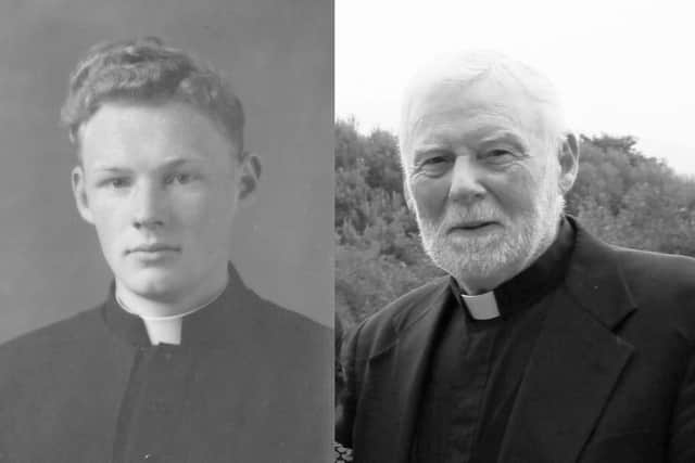 Then and now: Fr. Billy McLaughlin, not long after his ordination, and towards the latter part of his active ministry.
