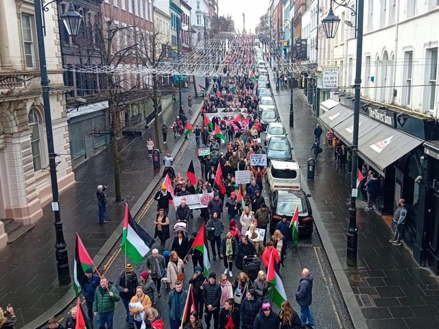 Thousands participate in Derry rally for Palestine calling for a ceasefire in Gaza on January 13, 2024