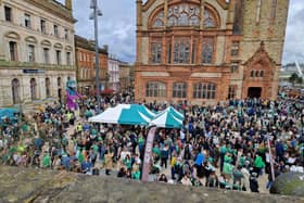 A packed Guildhall Square on St. Patrick's Day.