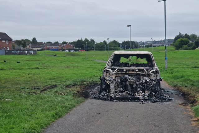 A burned out car in Galliagh.