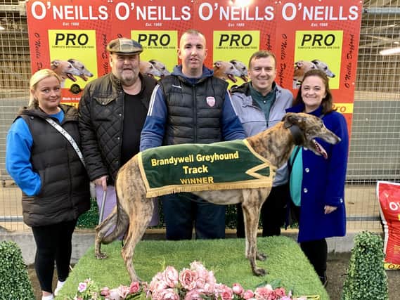 Treanmanagh Bee who completed Stephen Radcliffe’s treble. He's pictured with, left to right, Mairead Miller, Billy Carlin, Stephen Radcliffe, Dean and Natalie Hegarty.