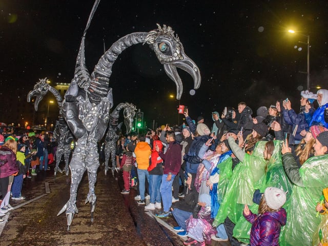 On the Ninth Wave, the parade in Derry which brought the annual Derry City and Strabane District Council Halloween Awakening of the Walled City to a dramatic conclusion followed by a fireworks display over the River Foyle. Picture Martin McKeown. 31.10.22