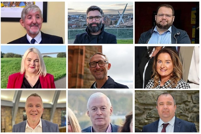 In alphabetical order, the nine candidates standing in the Ballyarnett ward. Top row left to right: Colm Cavanagh (Alliance), Damien Doherty (People Before Profit), Emmet Doyle (Aontú). Middle row left to right: Sandra Duffy (Sinn Féin), Rory Farrell (SDLP), Cartherine McDaid (SDLP). Bottom row: John McGowan (Sinn Féin), Patrick Murphy (Sinn Féin) and Brian Tierney (SDLP).