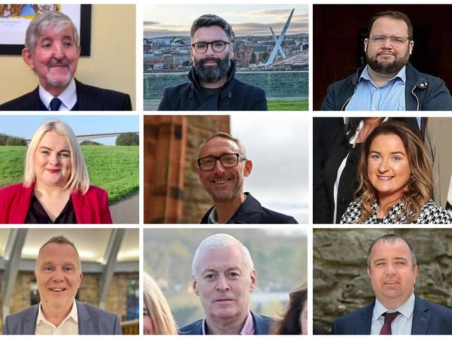 In alphabetical order, the nine candidates standing in the Ballyarnett ward. Top row left to right: Colm Cavanagh (Alliance), Damien Doherty (People Before Profit), Emmet Doyle (Aontú). Middle row left to right: Sandra Duffy (Sinn Féin), Rory Farrell (SDLP), Cartherine McDaid (SDLP). Bottom row: John McGowan (Sinn Féin), Patrick Murphy (Sinn Féin) and Brian Tierney (SDLP).