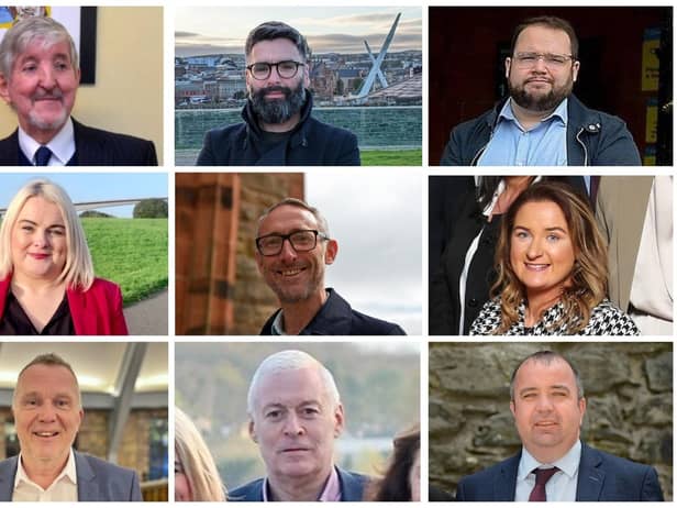 In alphabetical order, the nine candidates standing in the Ballyarnett ward. Top row left to right: Colm Cavanagh (Alliance), Damien Doherty (People Before Profit), Emmet Doyle (Aontú). Middle row left to right: Sandra Duffy (Sinn Féin), Rory Farrell (SDLP), Cartherine McDaid (SDLP). Bottom row: John McGowan (Sinn Féin), Patrick Murphy (Sinn Féin) and Brian Tierney (SDLP).
