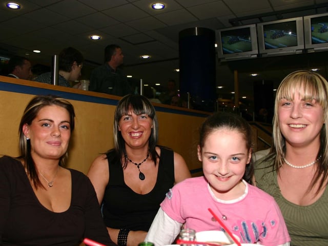 Nicola, Tracey, Debbie leig and Michelle enjoying the night out at the Lifford Stadium. 4871dd : A night at the races in Lifford in April 2005.