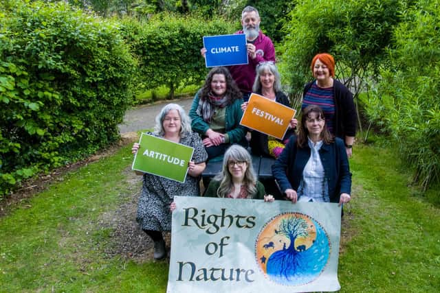Pictured launching The Artitude Climate Festival, coming to The Playtrail in Derry-Londonderry from Friday 23 to Sunday 25 June 2023 are (Front Row(L-R) Rachel Duffy, The Playtrail, Paula Larkin, Climate Action Officer at The Playhouse, Eimear Montague, Northern Ireland Resources Network, (Middle Row L-R) Clare McQuillan, Feasting on Weeds, Mary McGuiggan, The Gathering, Amanda Doherty, Senior Head of Communications and Engagement, The National Lottery Community Fund, (Back row) Dean Blackwood, The Gathering. Showcasing creative, community-led responses to the climate emergency, the festival is delivered in collaboration with The Playhouse, The Gathering, Zero Waste North West (ZWNW), Northern Ireland Resources Network (NIRN), Environmental Justice Network Ireland (EJNI) and Making Relatives - a visit of water and land protectors from Lakota Nation, US.